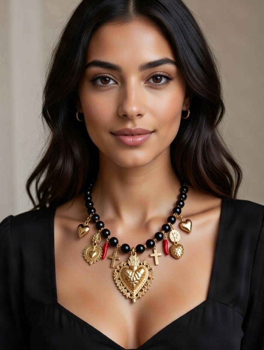 Collier fantaisie femme coeur doré et boules noires