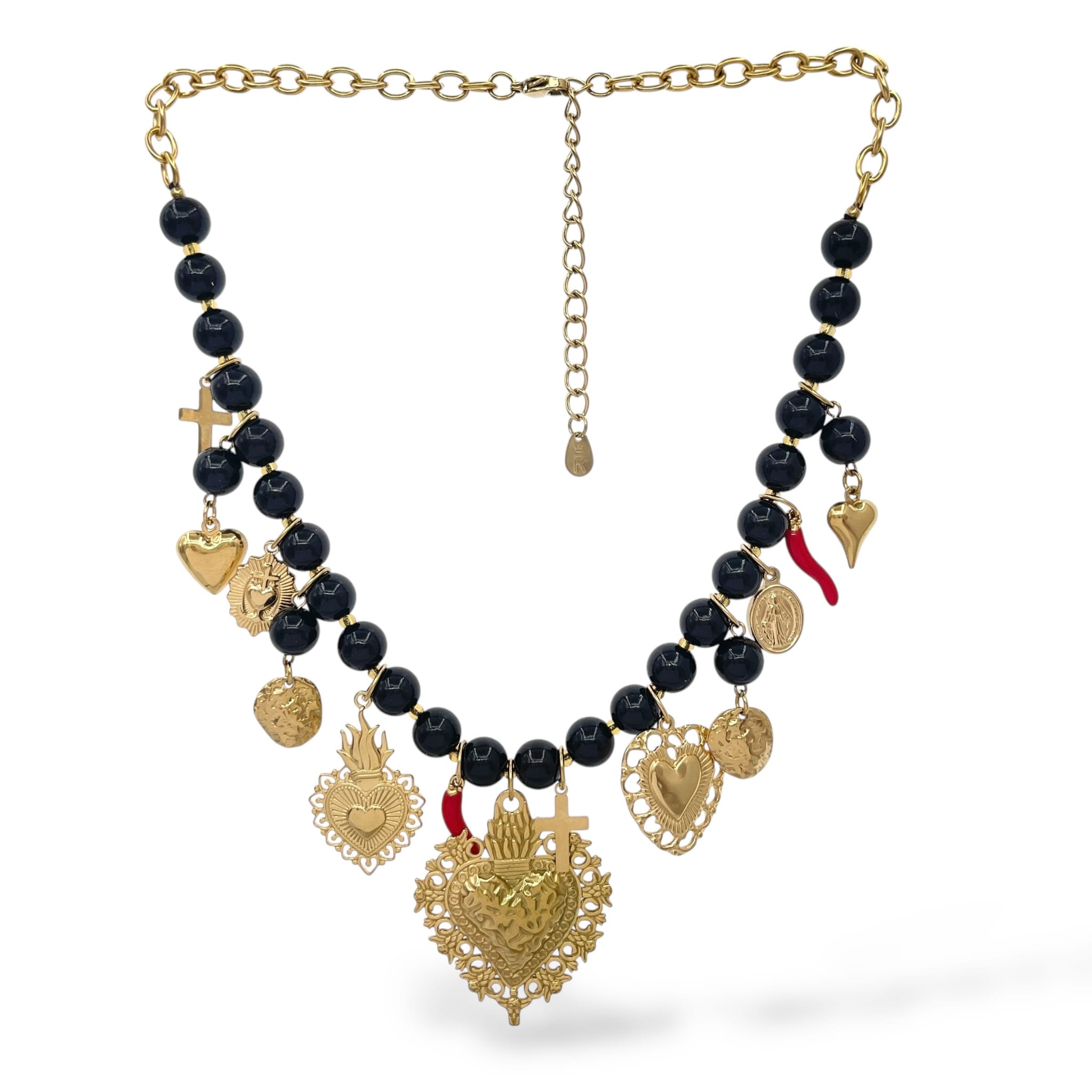 Collier fantaisie femme coeur doré et boules noires et rouges