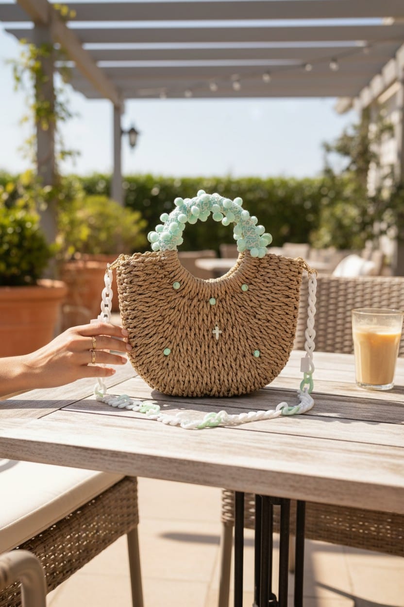 Sac à main femme tressée type paille et vert clair