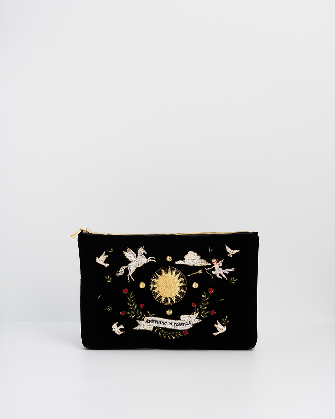 Pochette femme brodée en velours céleste noir petit prix