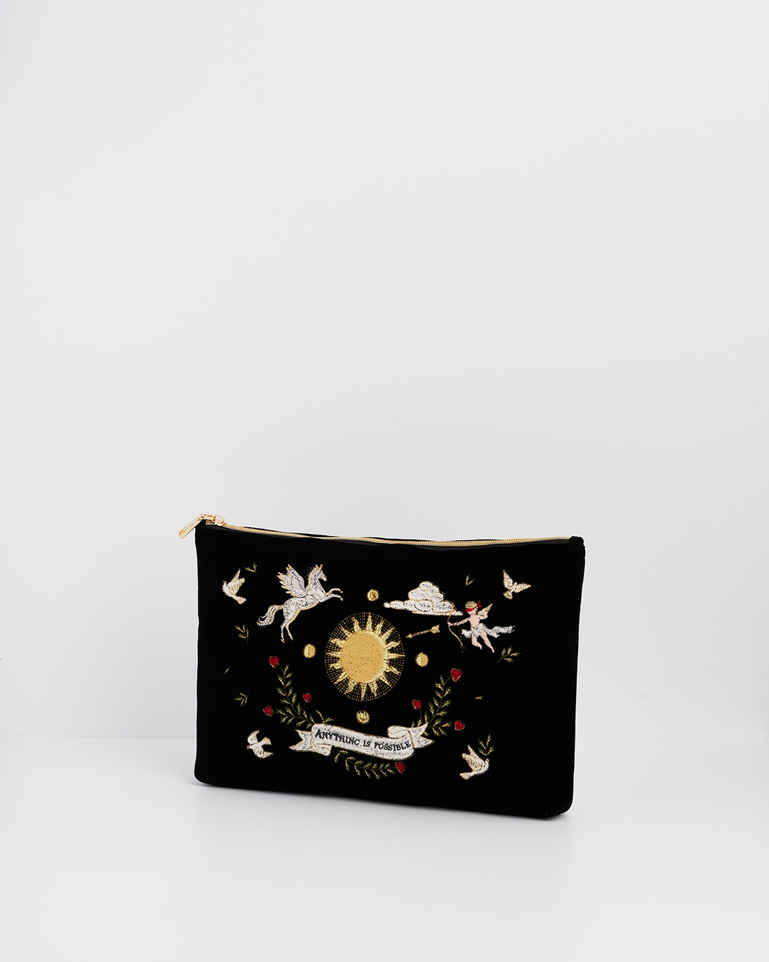 Pochette femme brodée en velours céleste noir tendance