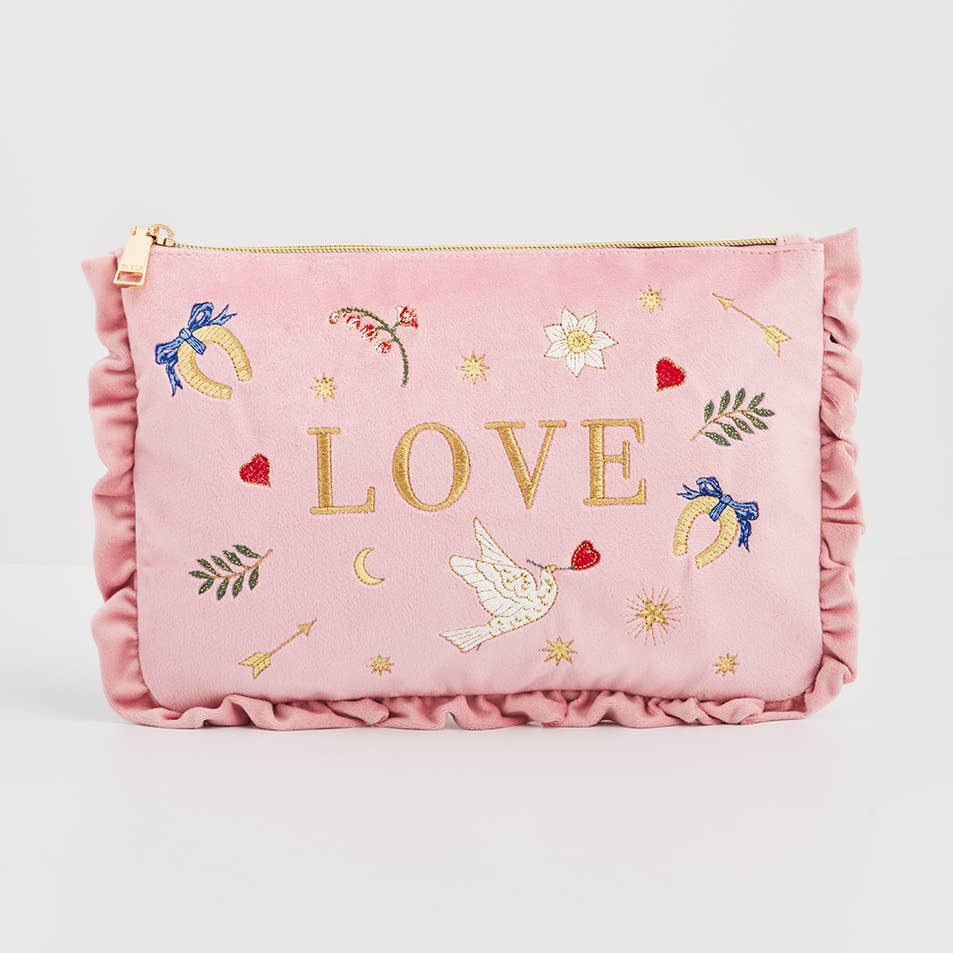 Pochette femme brodée en velours rose scatter love chic