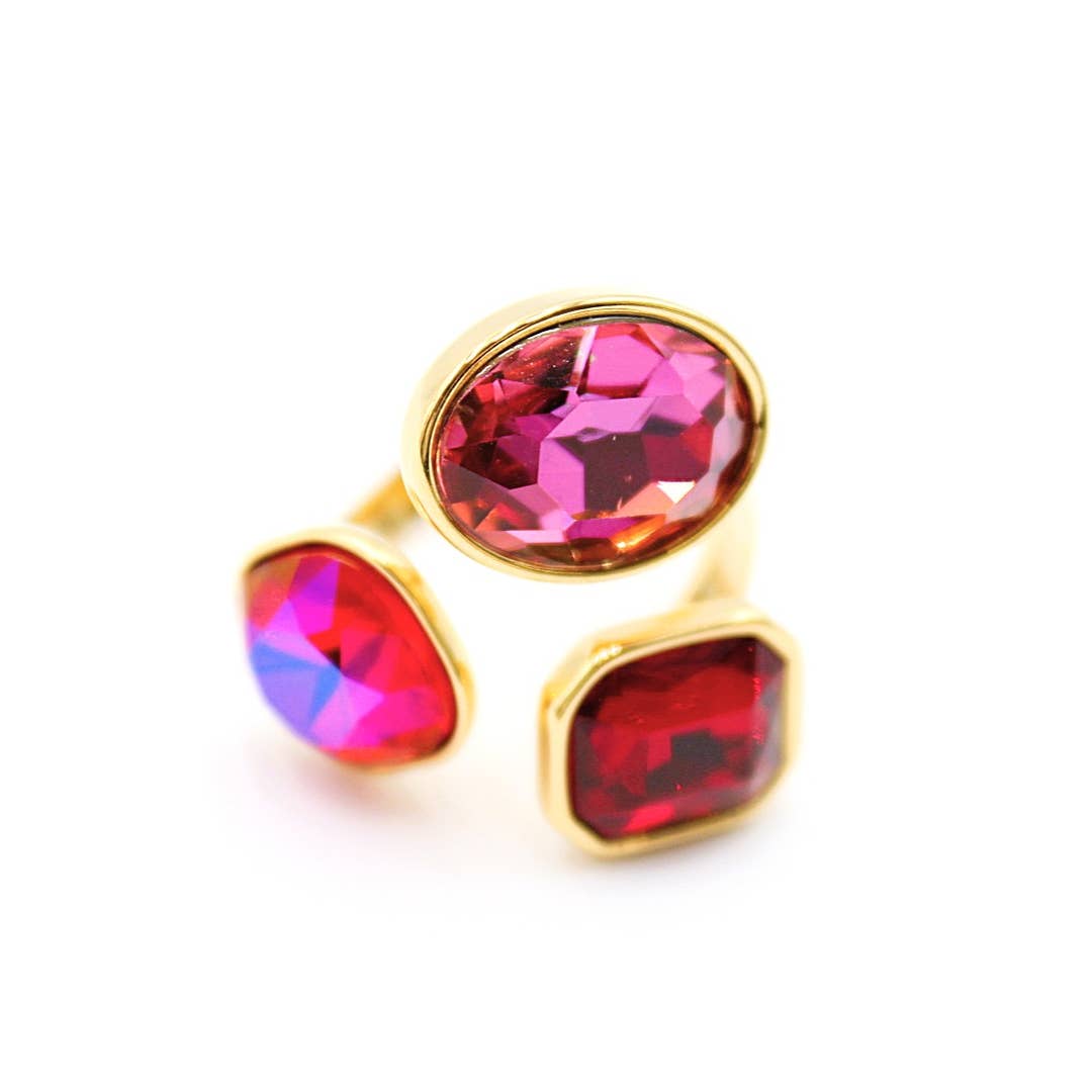Bague femme réglable acier inoxydable dorée et rouge et rose