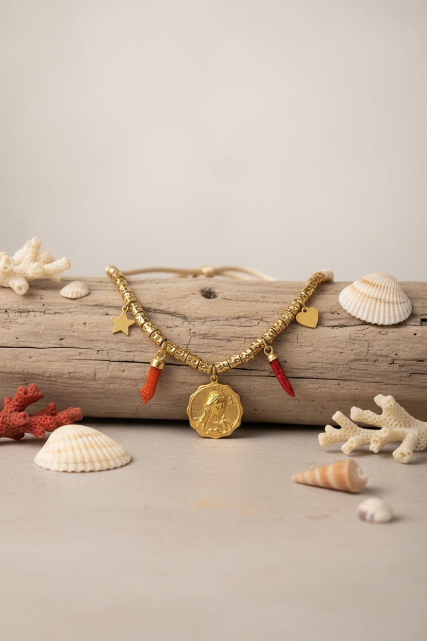 Collier femme en  corail rouge veritable et acier inoxydable