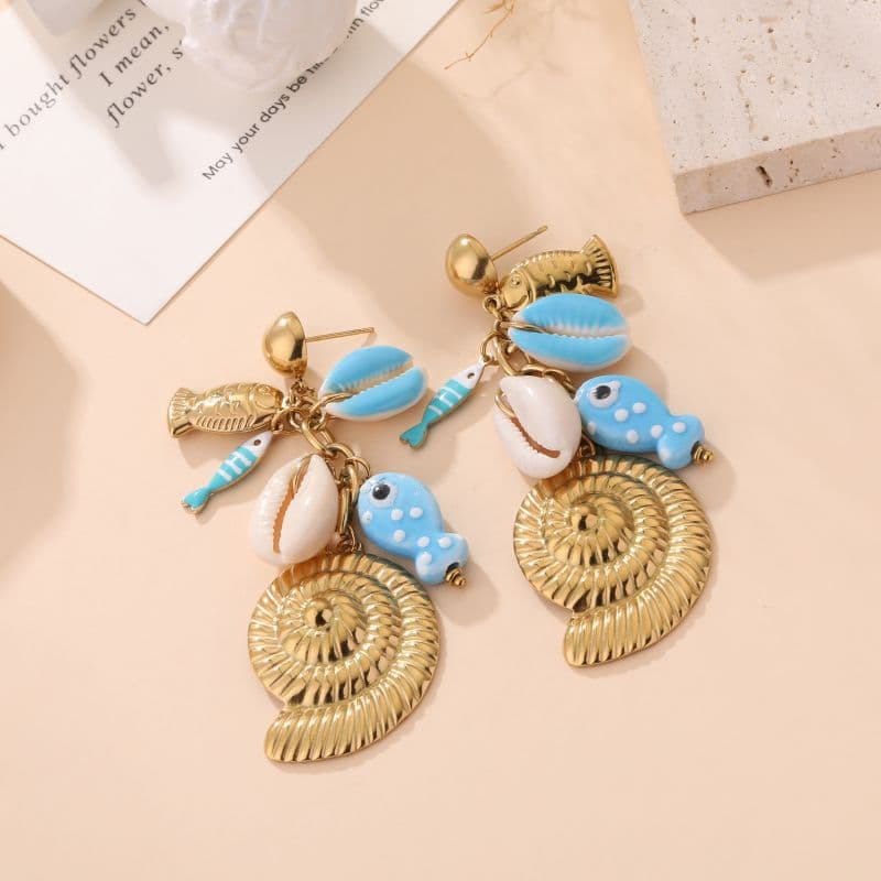 Boucles doreilles fantaisie femme dorées et bleu