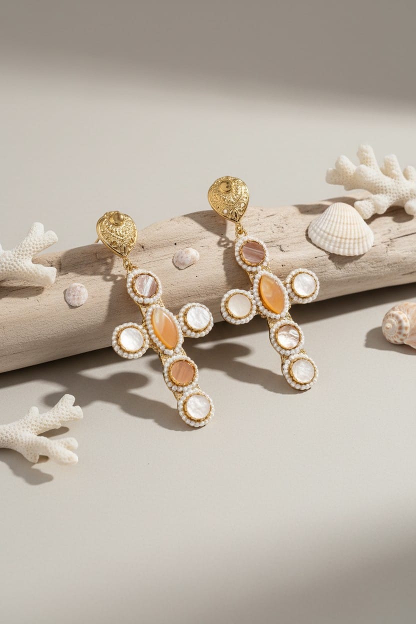 Boucles doreilles fantaisie pendantes marron et blanche