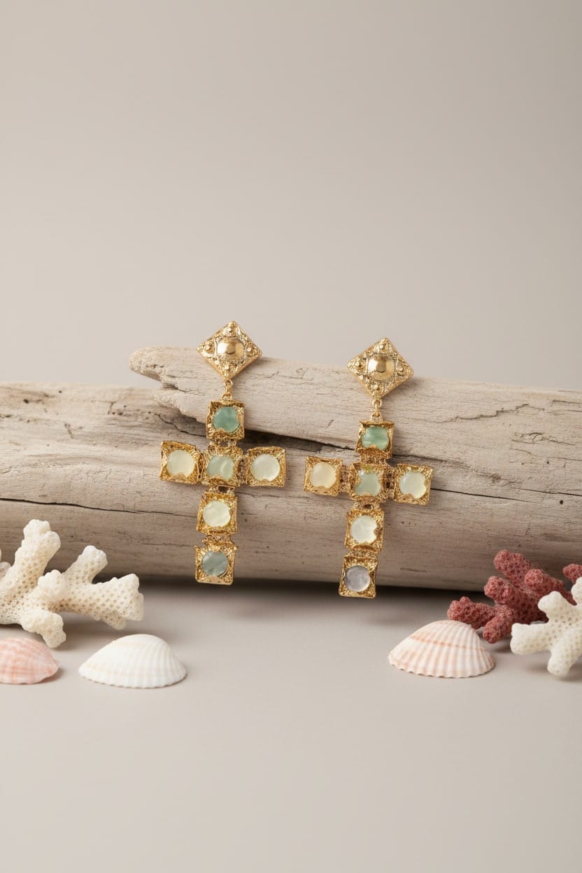 Boucles doreilles croix verte eau et cristal