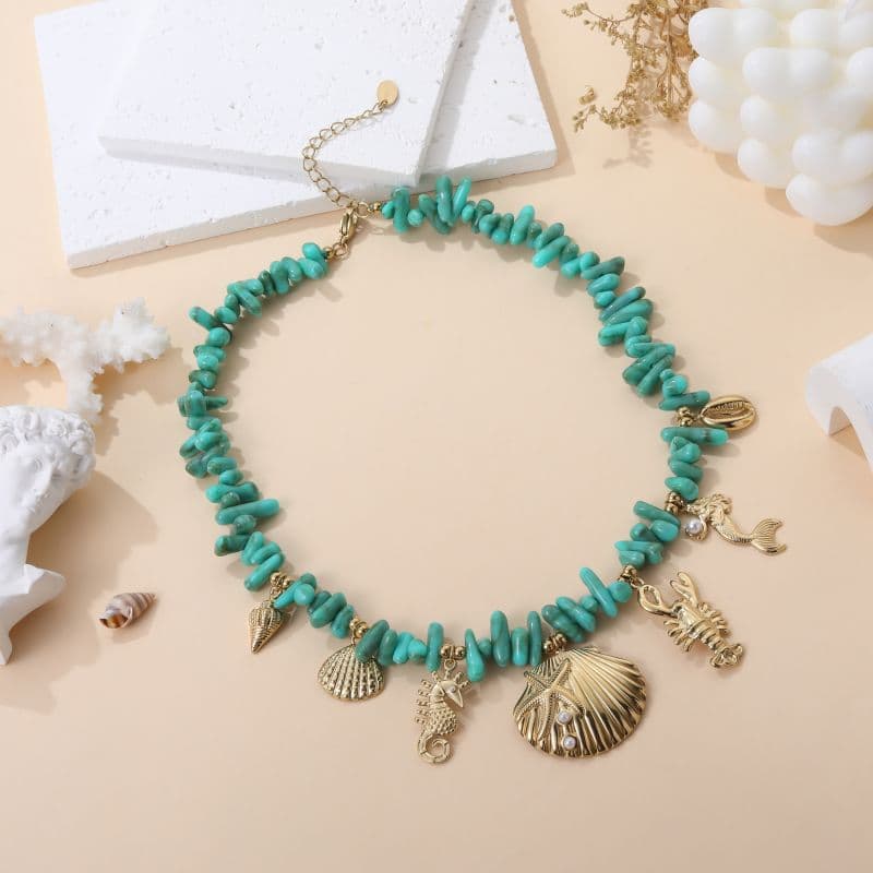 Collier charms coquillages été turquoise
