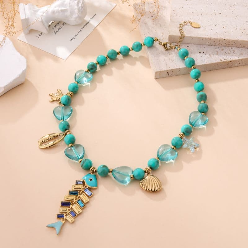 Collier fantaisie marine turquoise et doré