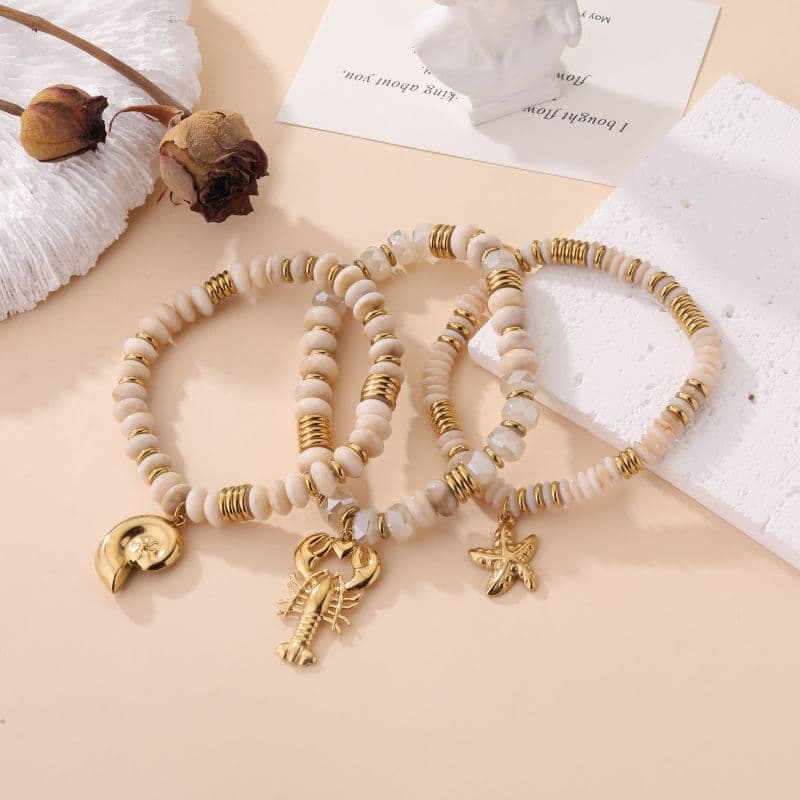Bracelet breloque homard style haute fantaisie lot de 3 beige et blanc