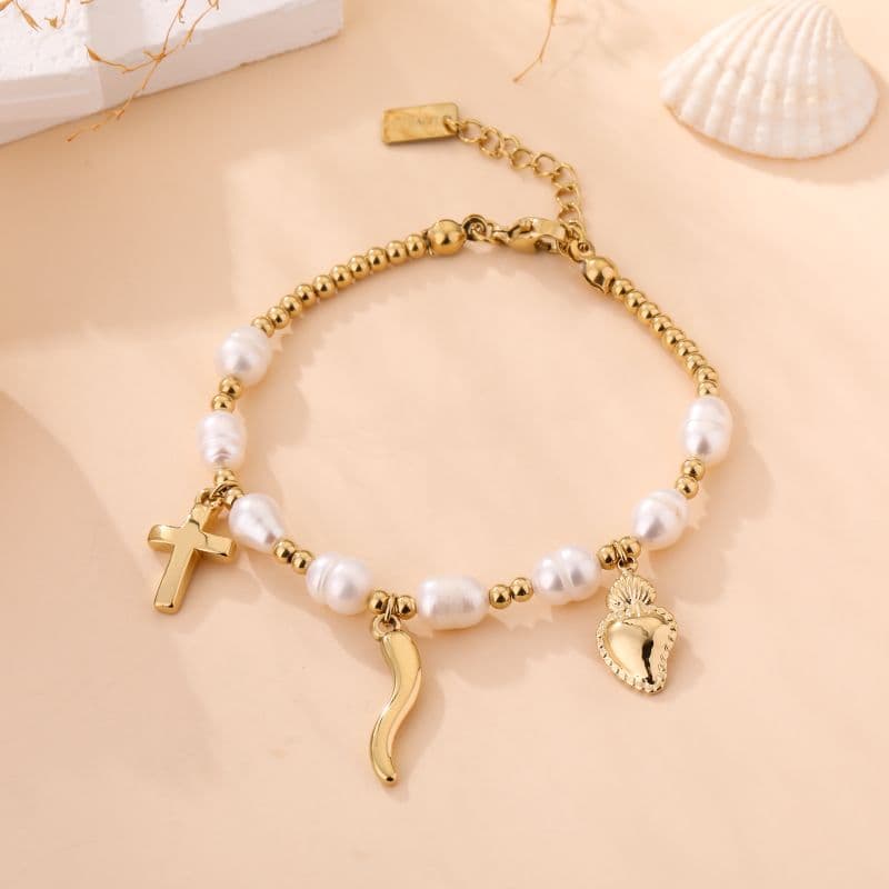 Bracelet femme croix et corne doré et blanc