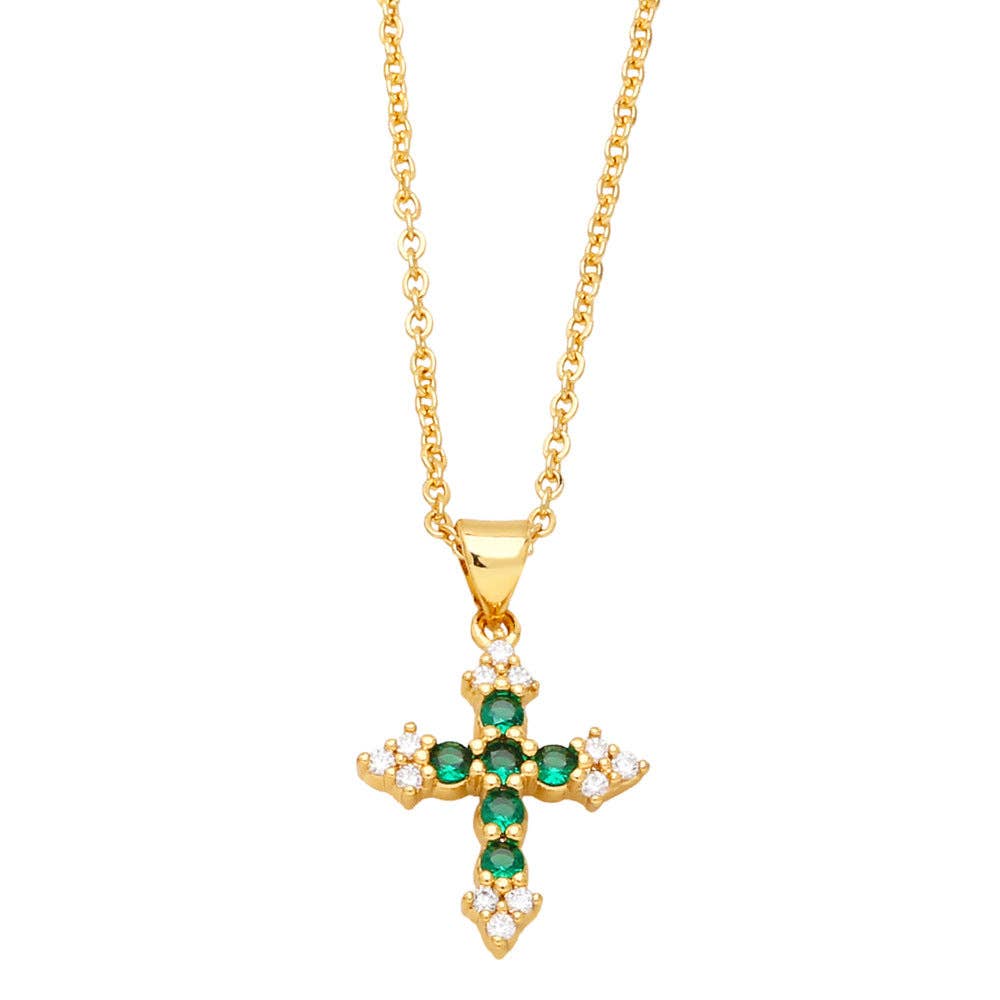 Collier croix  plaqué Or vert et Cristal