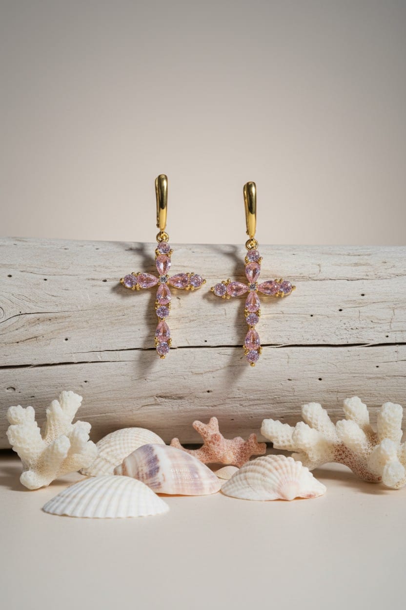 Boucles doreilles pendantes fantaisie croix dorées et rose