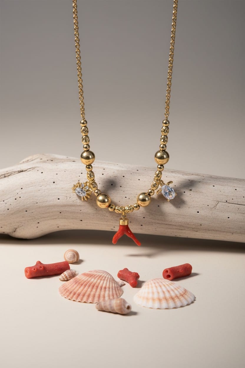 Collier avec corail rouge véritable pendentif vermeil