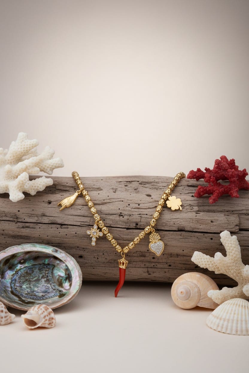 Collier pendentif vermeil Corail véritable &amp; breloques dorées