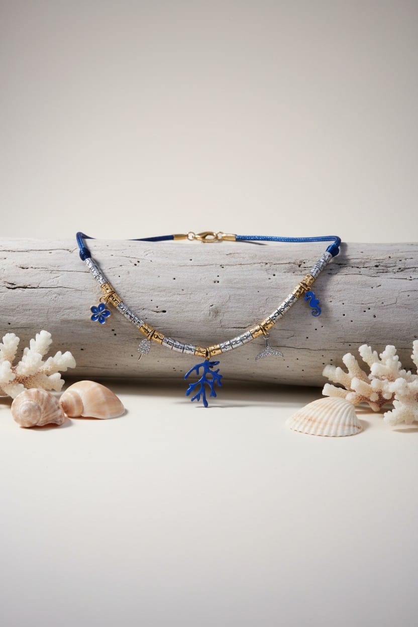 Collier femme réglable acier inoxydable et alliage bleu et doré