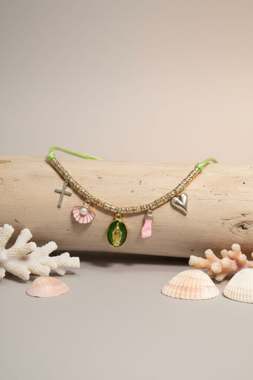 Collier femme réglable acier inoxydable et alliage rose &amp; vert et doré