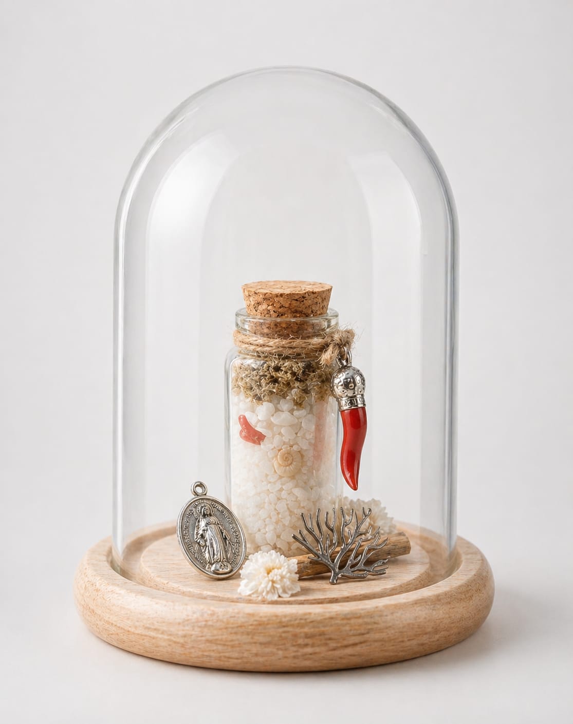 Cloche porte bonheur fiole avec gros sel corail oeil de ste lucie et immortelle