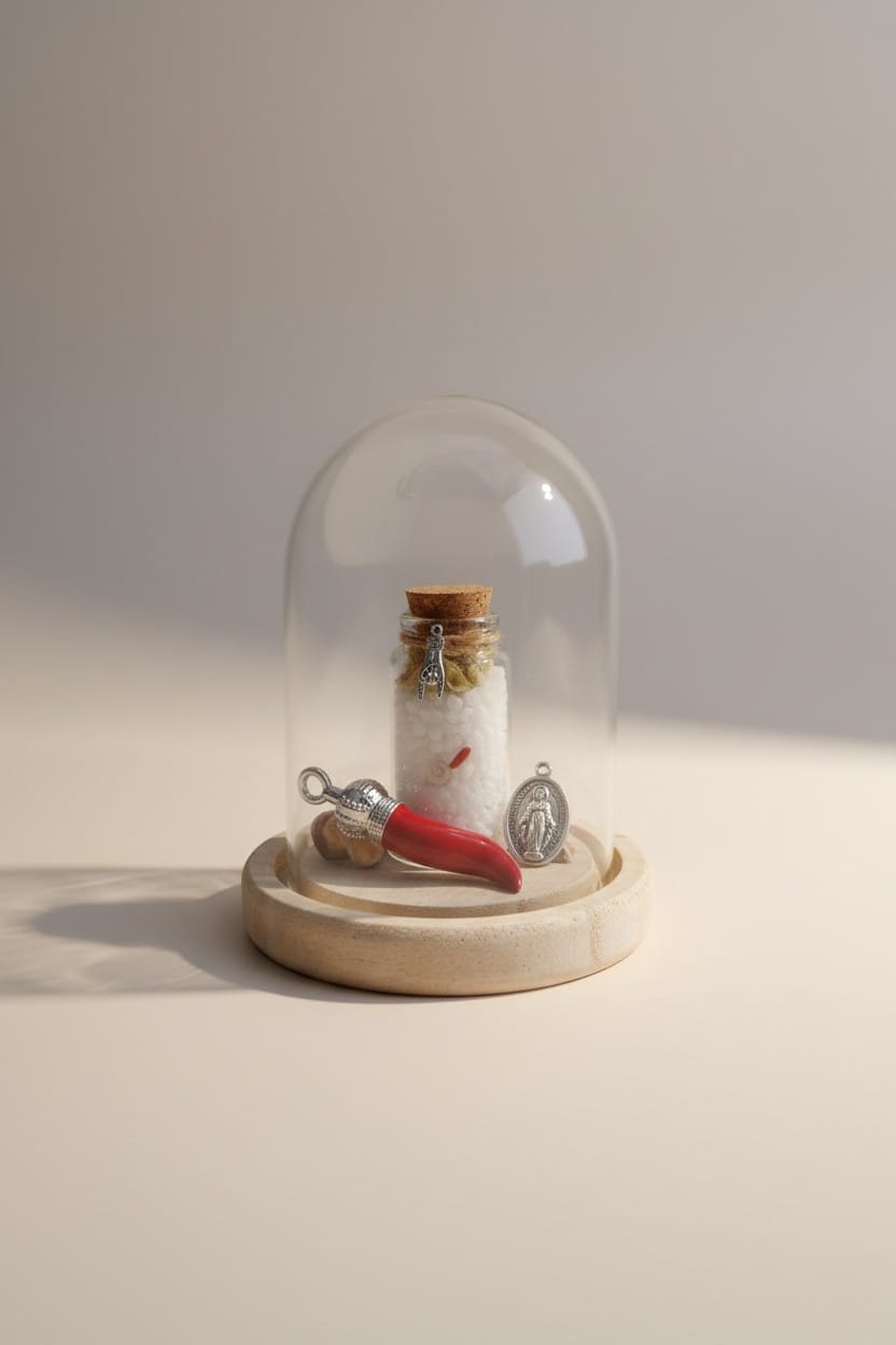 Cloche porte bonheur corail oeil de ste lucie et immortelle