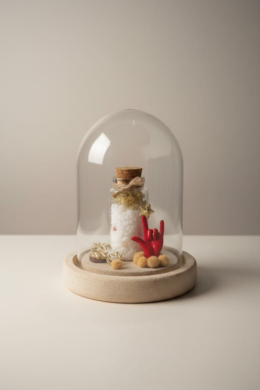 Cloche porte bonheur fiole avec gros sel corail oeil de ste lucie et immortelle