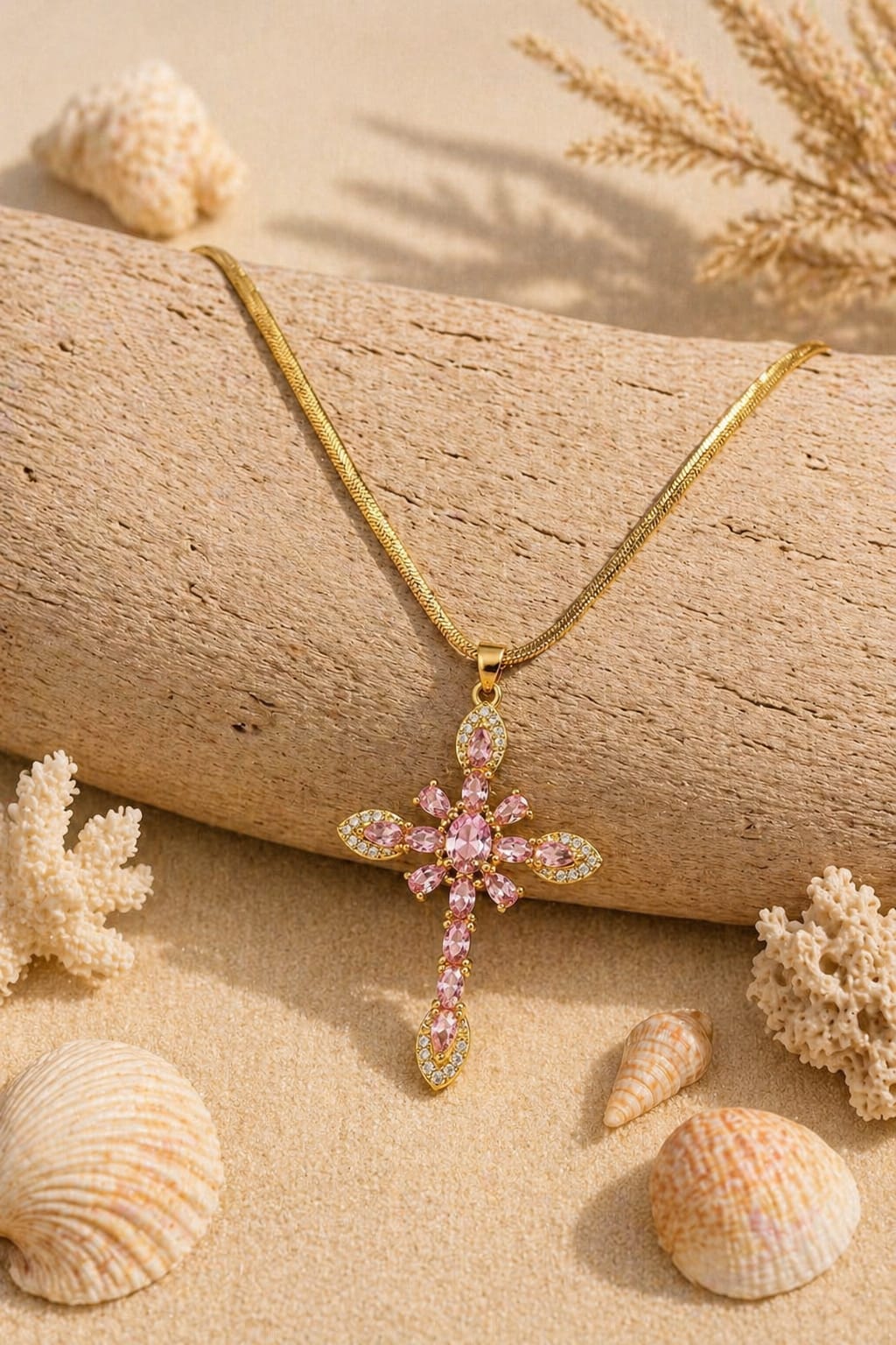 Collier femme croix rose et dorée