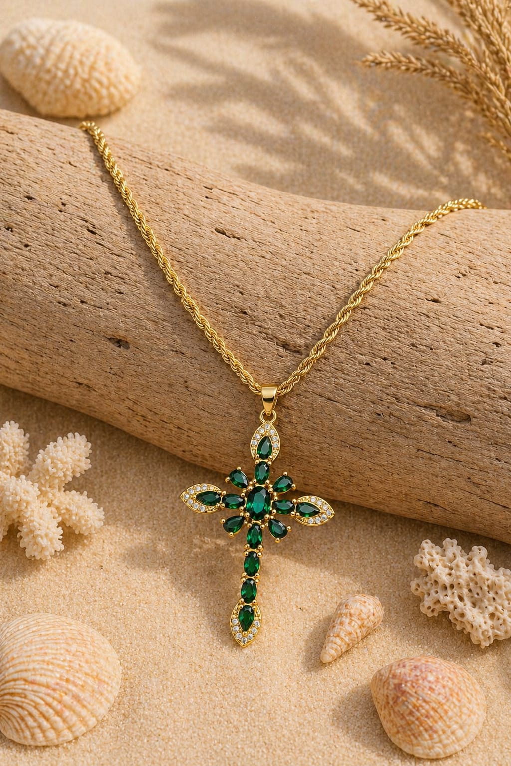 Collier femme croix verte et dorée