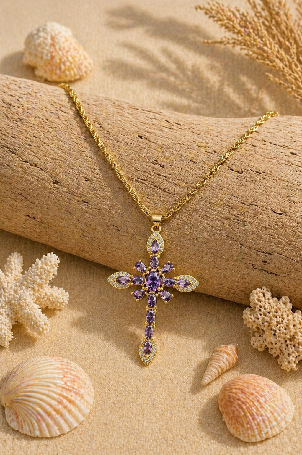 Collier femme croix violette et dorée