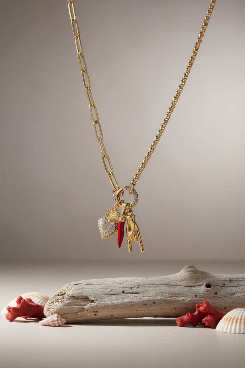 Collier corail véritable &amp; porte bonheur Corse