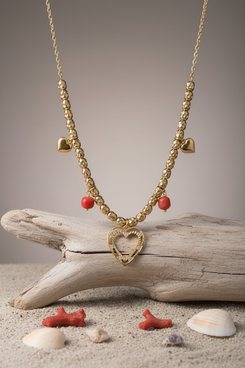 Collier acier inoxydable et corail rouge de corse