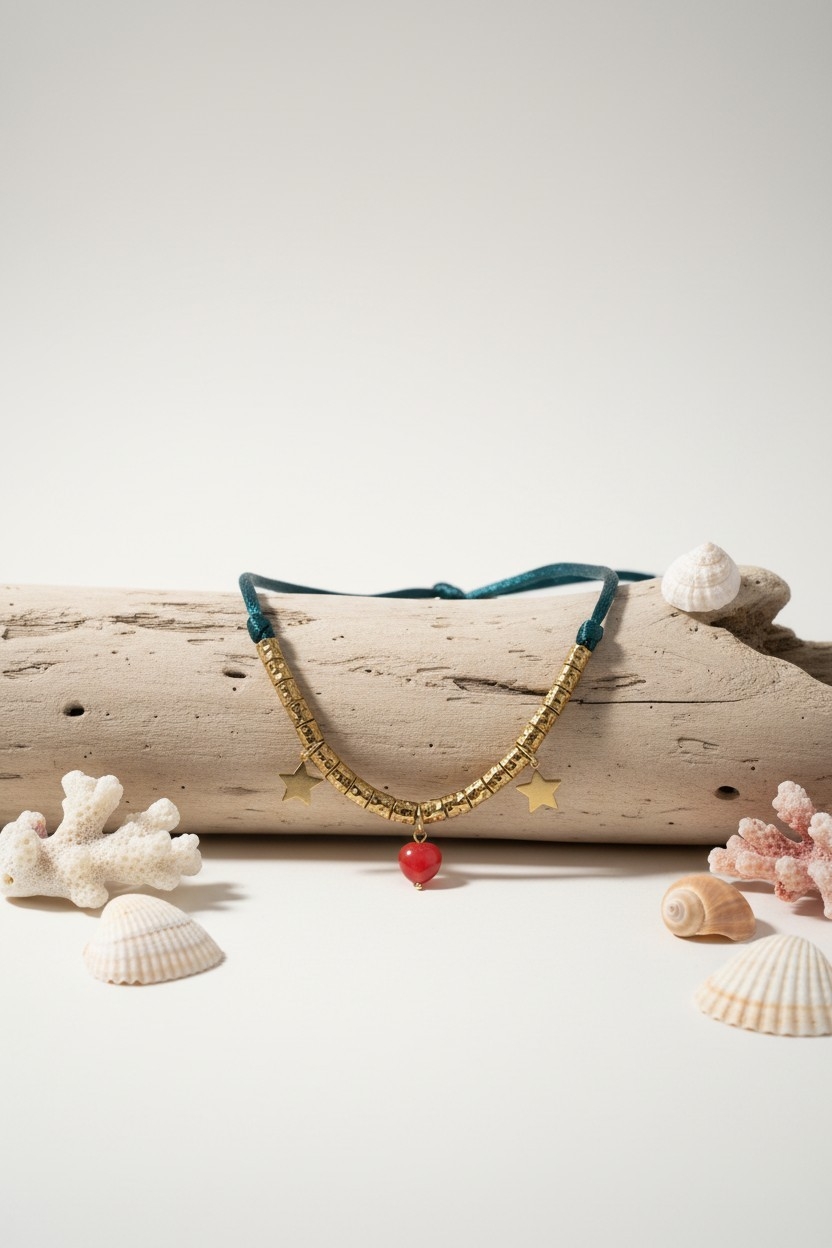 Collier femme breloques et coeur en corail de corse