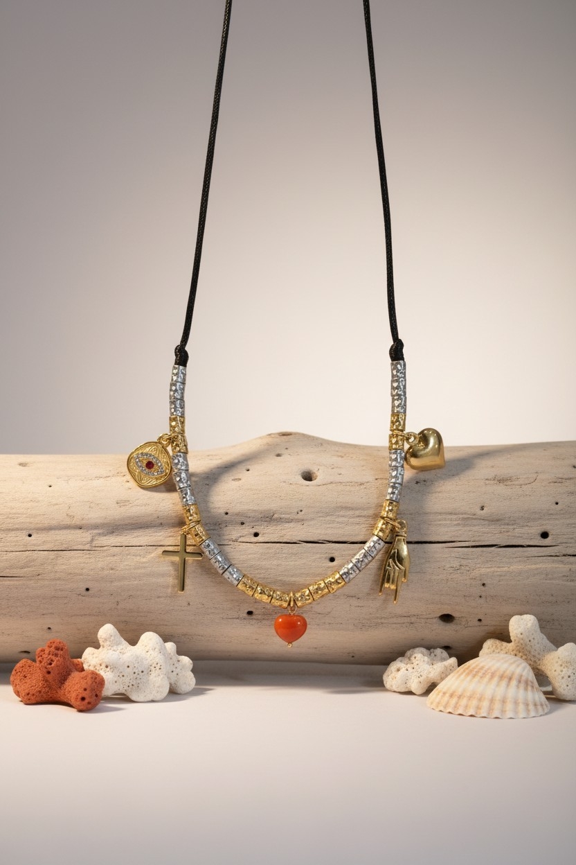 Collier femme Doré et Argenté Charms et Corail Rouge