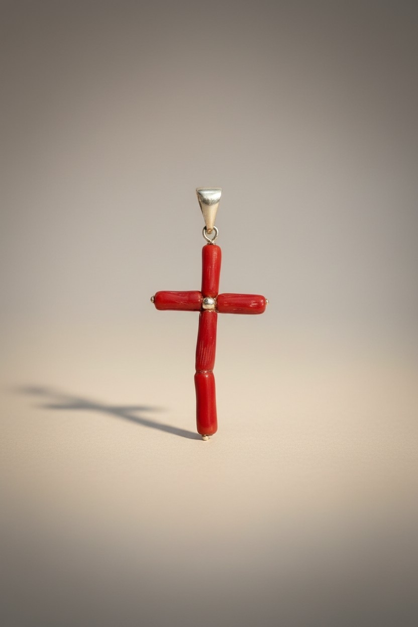 Pendentif croix corail de Méditerranée et or