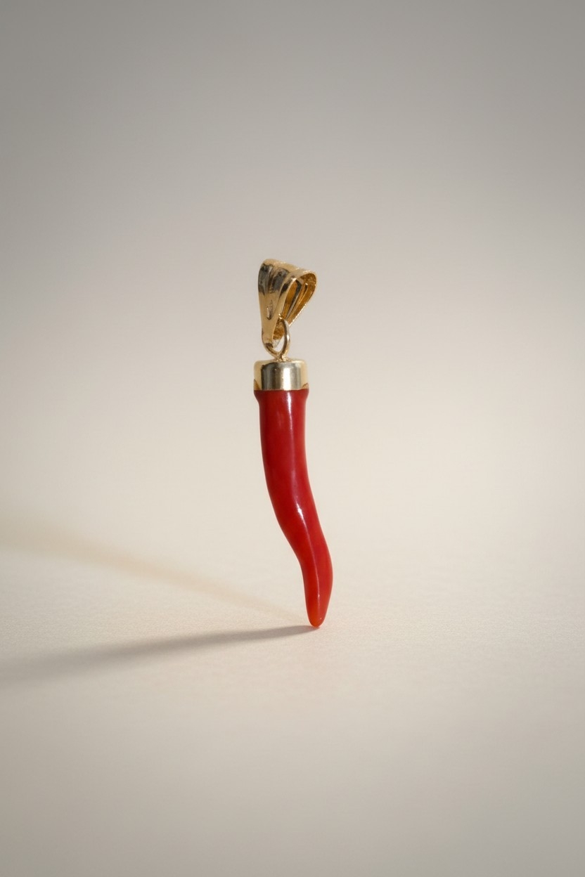 Pendentif or et corne en corail rouge naturel