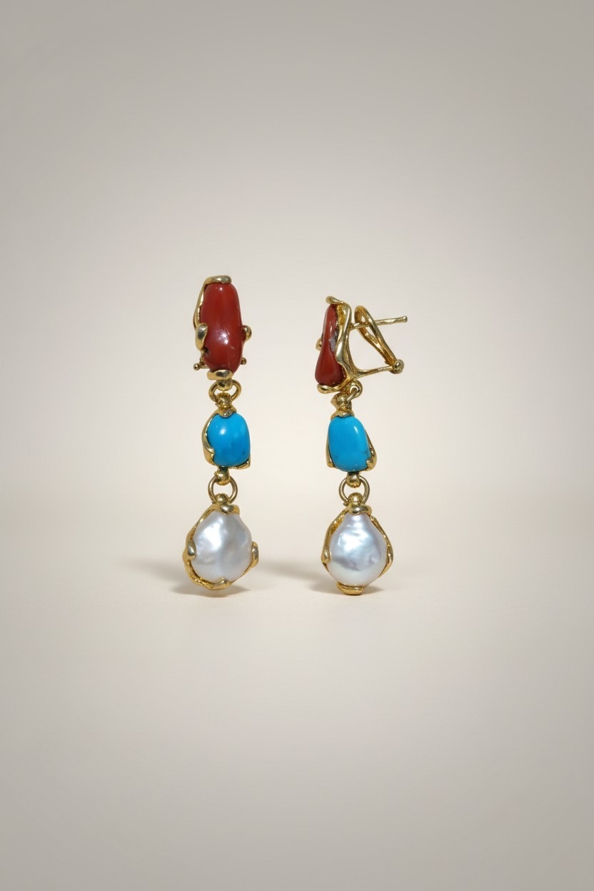 Boucles d oreilles argent 925  doré a lor fin corail turquoise et nacre
