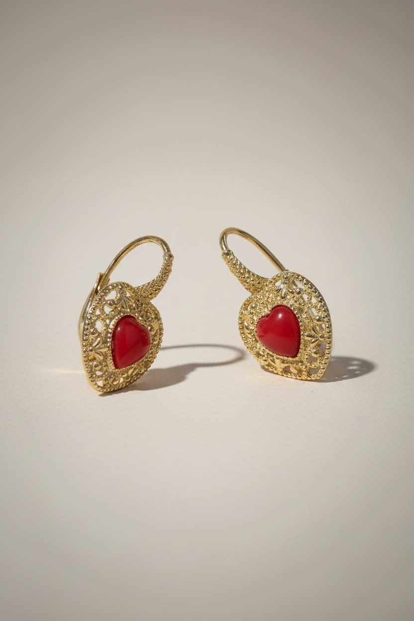 Boucles d oreilles argent 925 doré a lor fin &amp; Coeur Corail