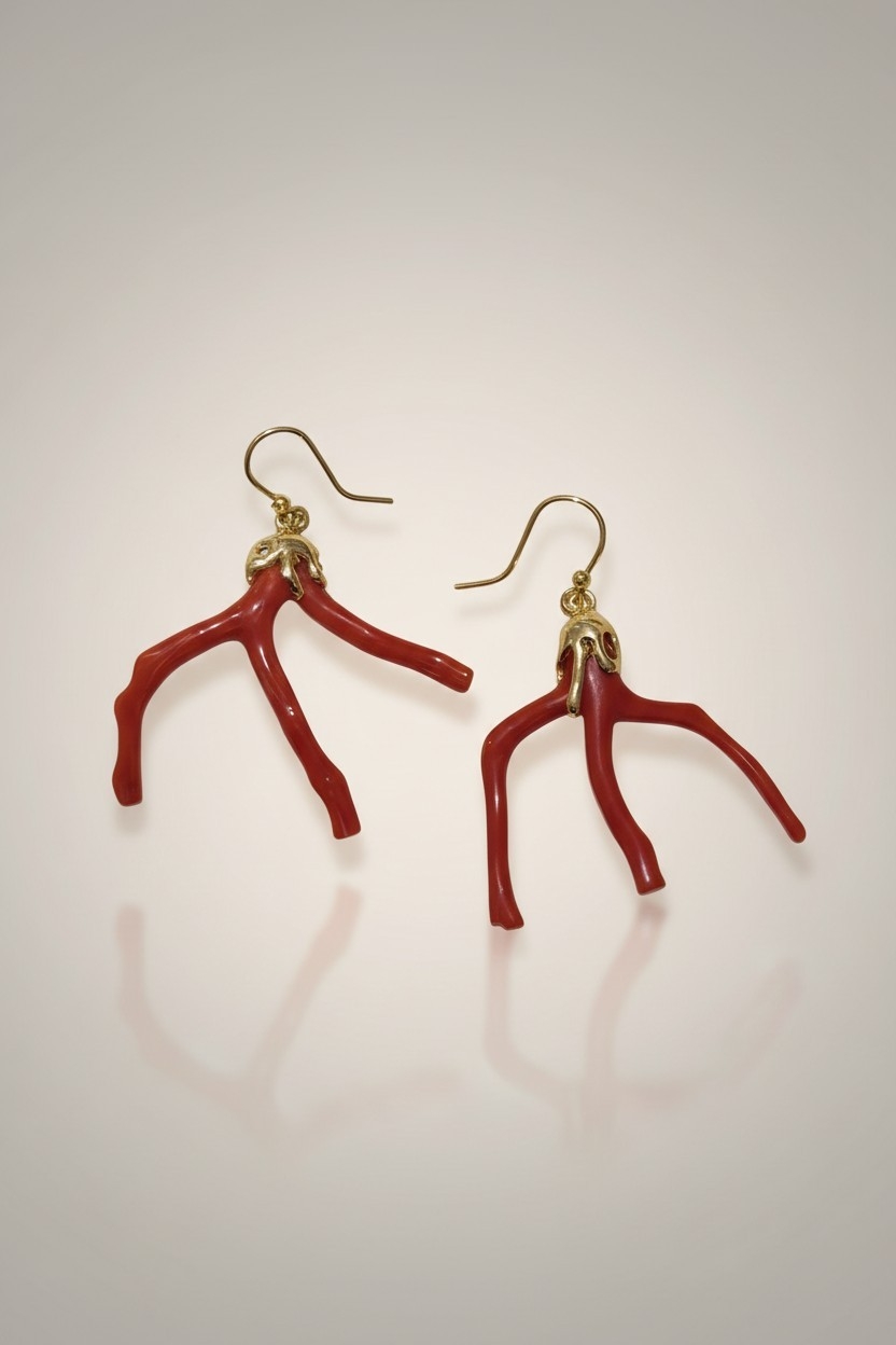 Boucles d oreilles argent 925 doré a lor fin &amp; Branche corail