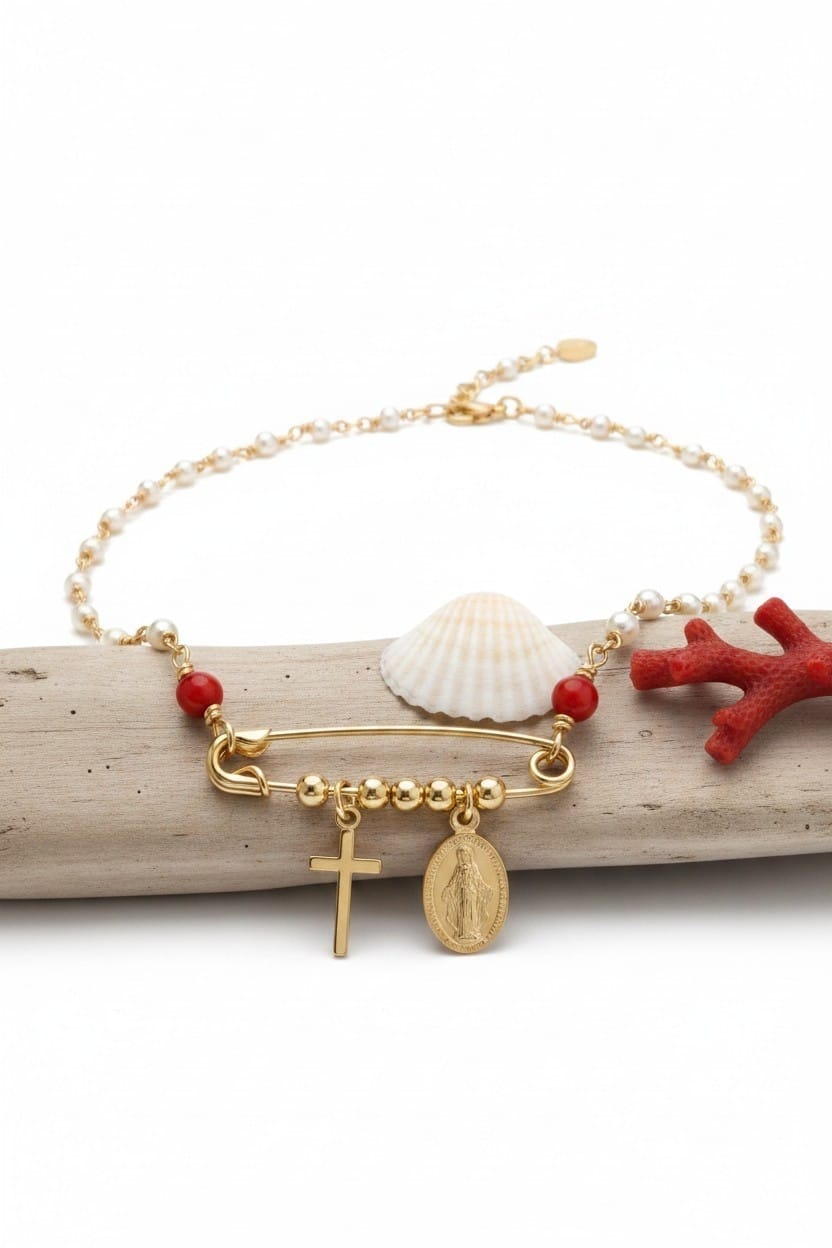 Collier en Perles et Corail Rouge et Vermeil Véritable