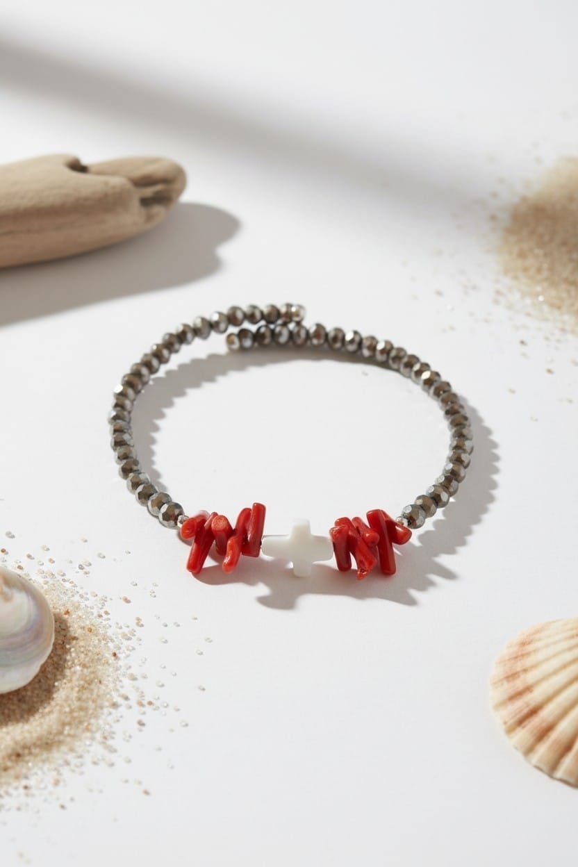 Bracelet jonc corail rouge de corse &amp; nacre