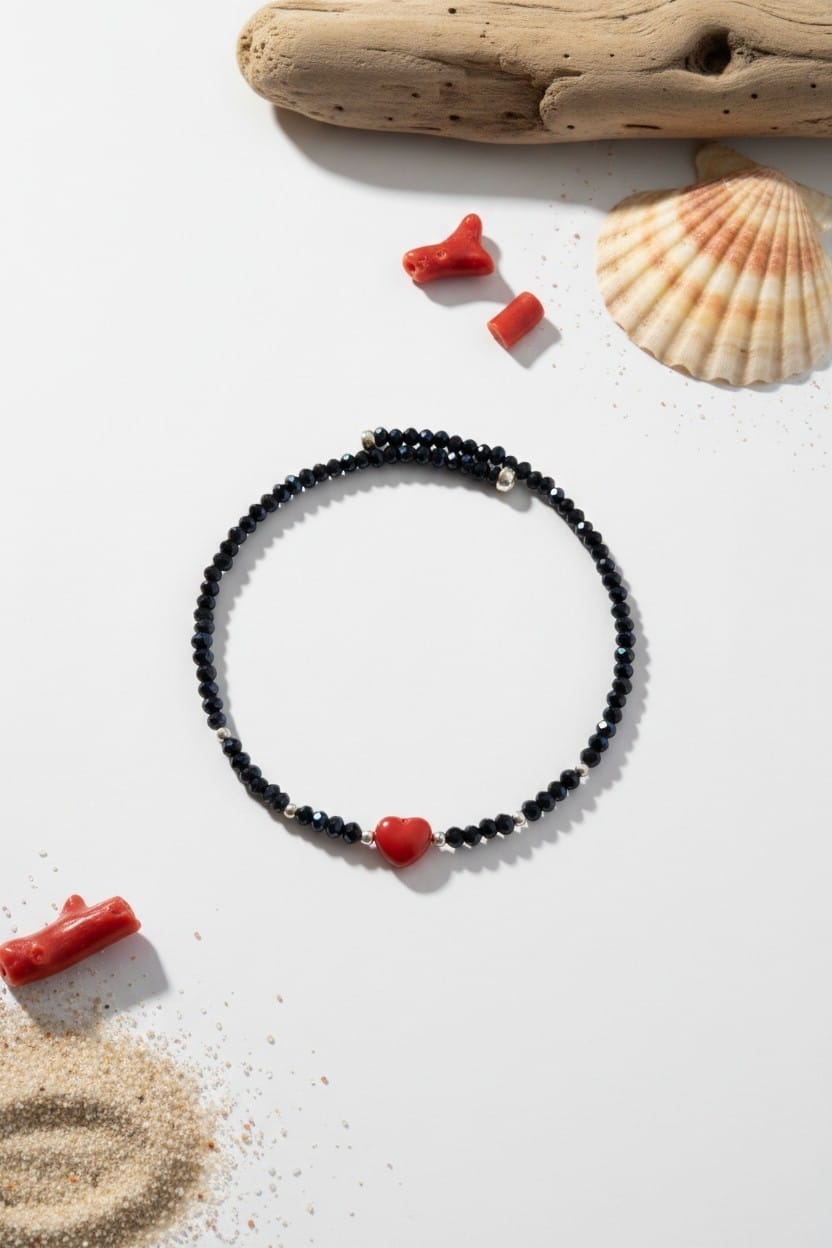Bracelet Femme Coeur en Corail Rouge et perles