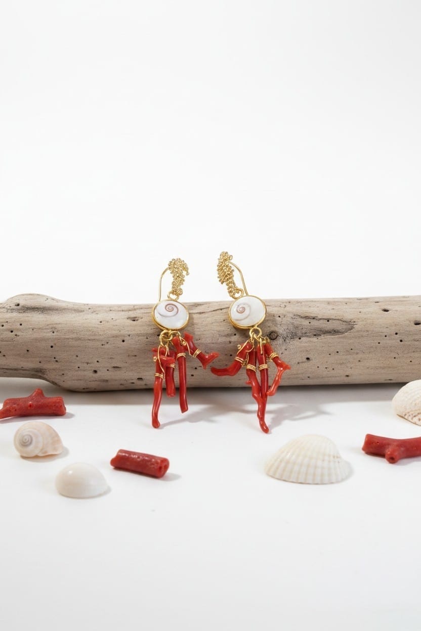 Boucles doreilles corail et oeil de sainte Lucie hypocampe
