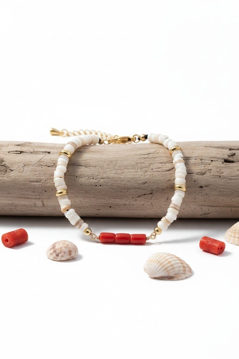Bracelet vermeil corail rouge perles blanches