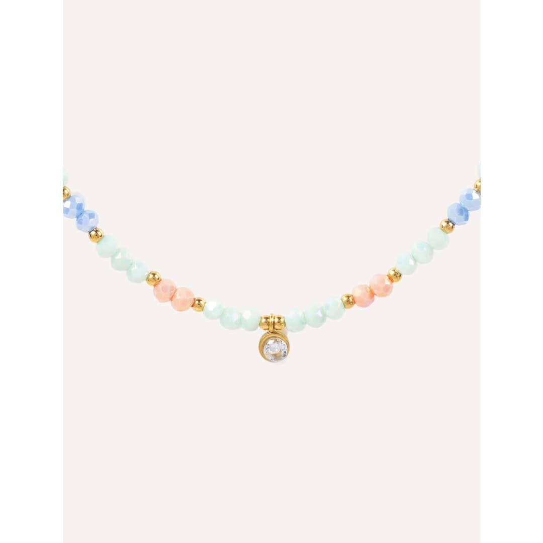 Collier ras de cou orné de pierres cristaux &amp; perles rose bleu blanc