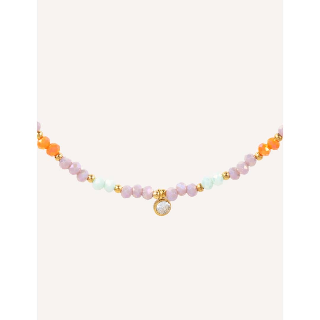 Collier ras de cou orné de pierres cristaux &amp; perles rose orange blanc