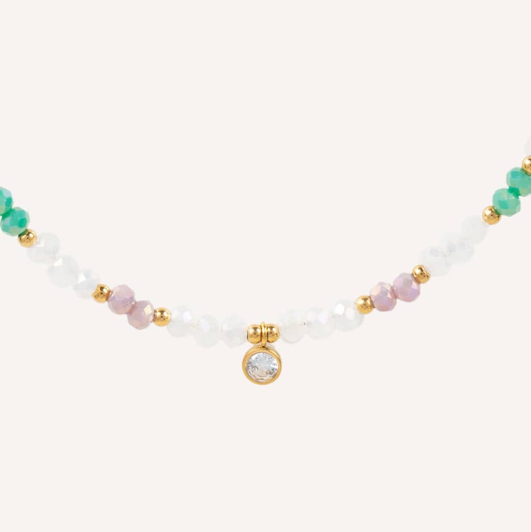 Collier ras de cou orné de pierres cristaux &amp; perles rose turquoise blanc