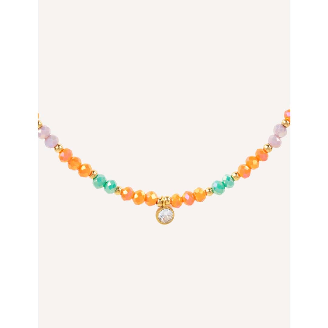 Collier ras de cou orné de pierres cristaux &amp; perles jaune turquoise rose