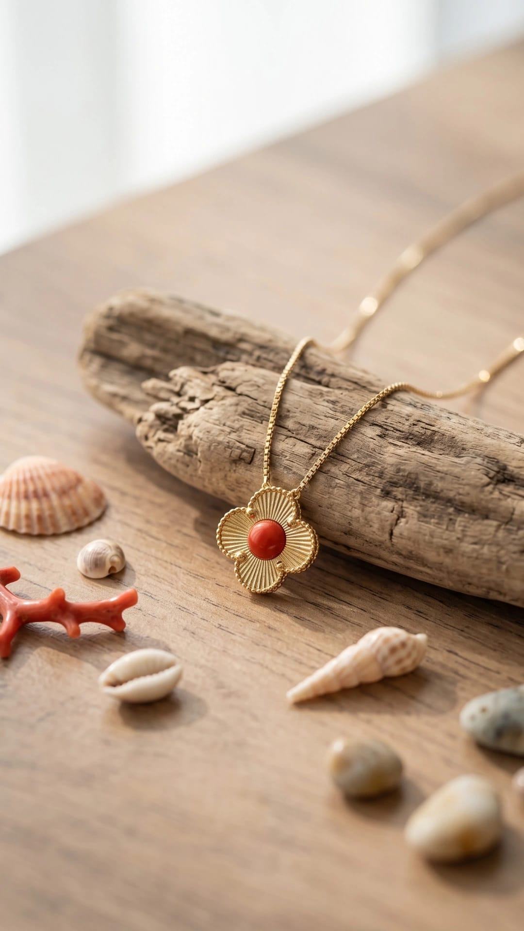 Collier fleur en corail rouge argent 925 doré à l'or fin