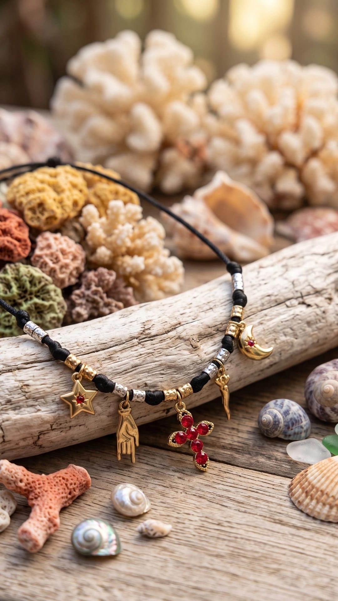Collier Corse en Cordon Noir &amp; Or – Croix, Étoile &amp; Breloques