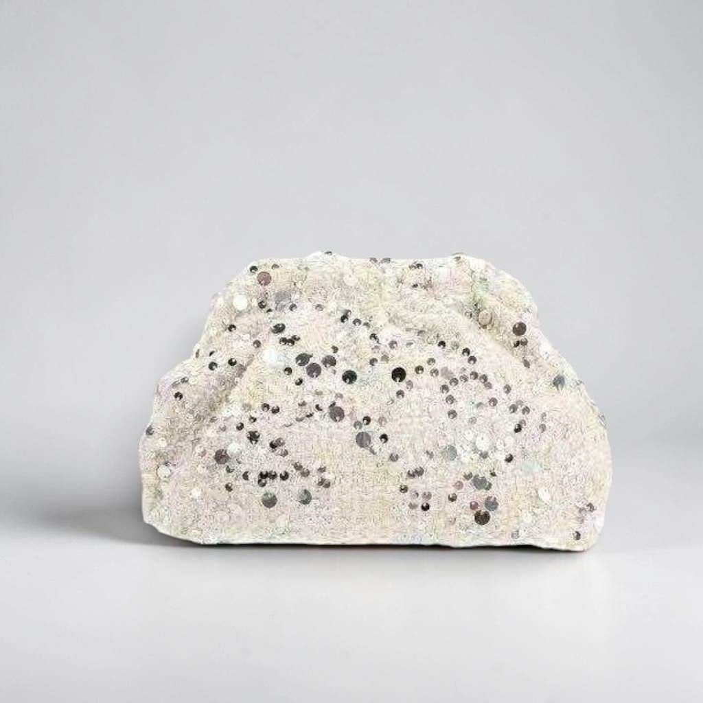 Pochette femme en sequin blanche et argentée