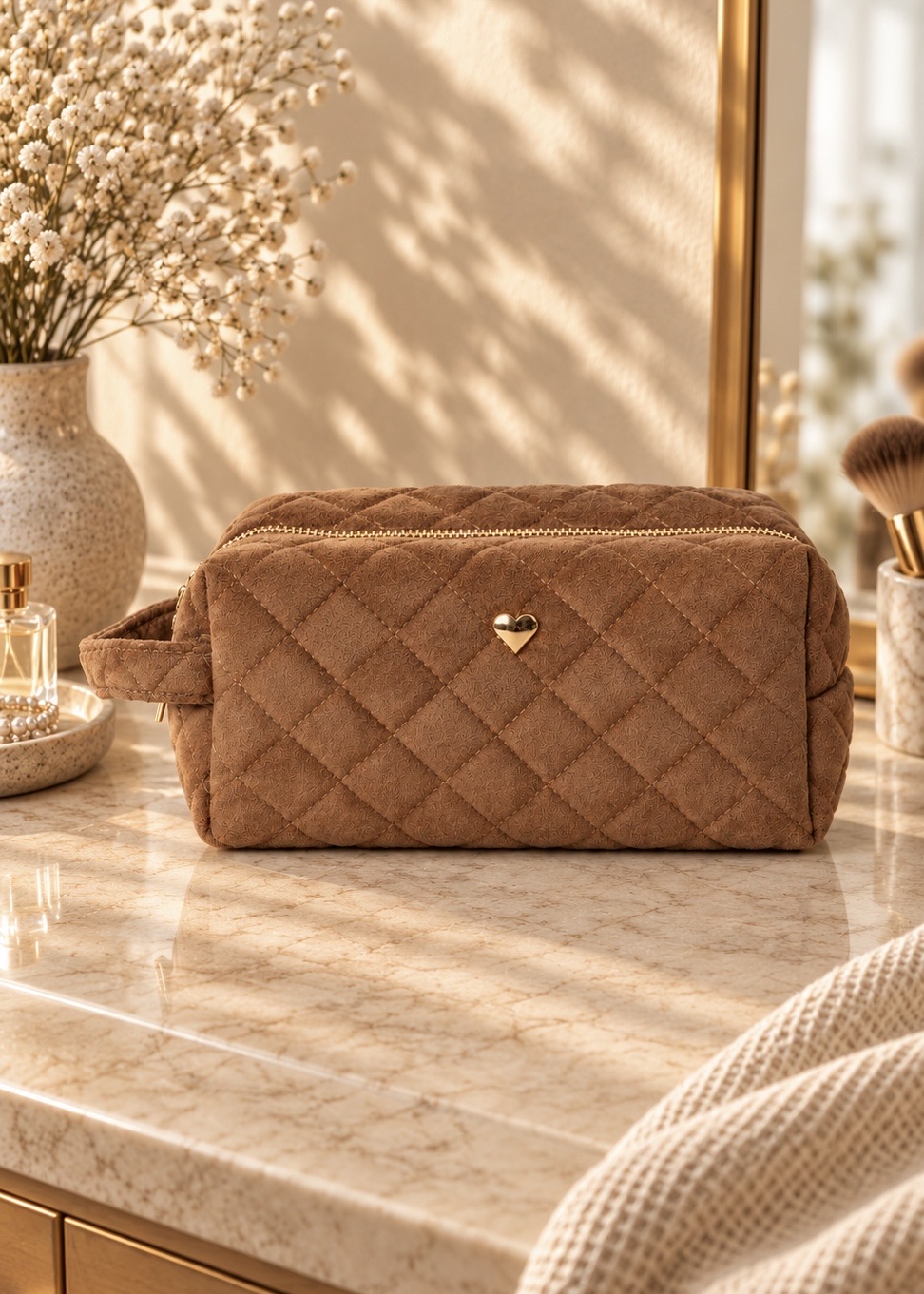Pochette Trousse coeur femme marron clair