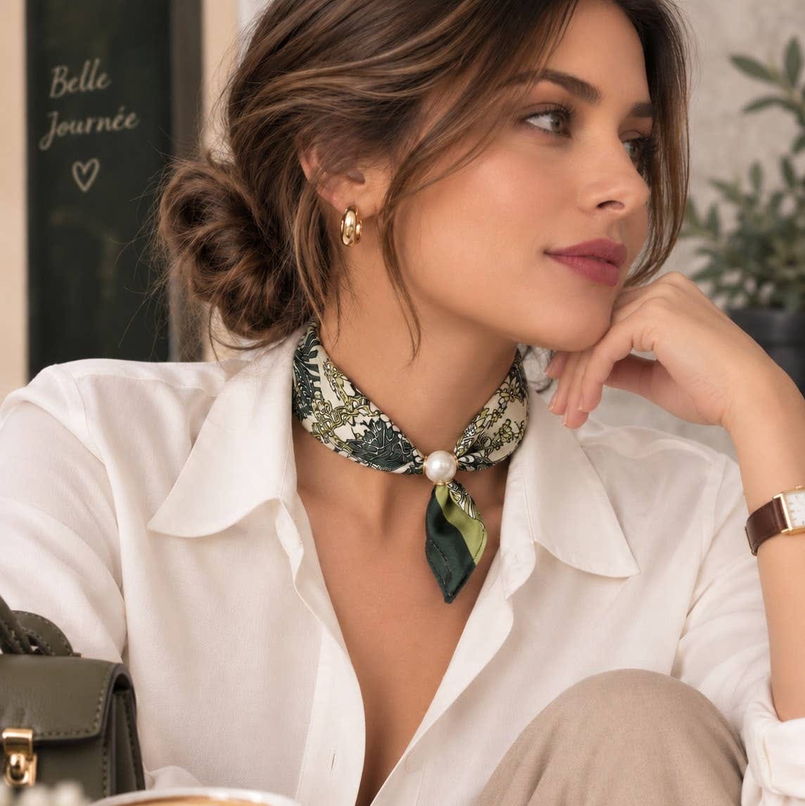 Foulard femme aimanté élégant doux chic vert et blanc